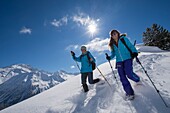 France, Haute Savoie, Massif of the Mont Blanc, the Contamines Montjoie, trails round in rackets with snow from the tracks of the Signal and the high summits of the nature reserve