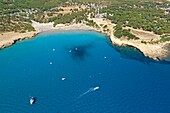 France, Bouches du Rhone, Martigues, Sainte Croix district, Anse and Sainte Croix beach (aerial view)