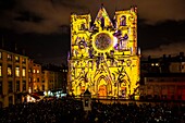 France, Rhone, Lyon, district of Vieux-Lyon, historical site listed as World Heritage by UNESCO, the Lyon Cathedral (Cathedrale Saint-Jean-Baptiste de Lyon) during the Fete des Lumieres (Light Festival), show Pigments De Lumière of Nuno Maya and Carole Purnelle