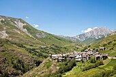 France, Hautes Alpes, Ecrins National Park, Le Chazelet village seen from the Emparis plateau
