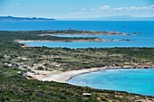 France, Corse du Sud, Monacia d'Aullene, the tip of Caniscione and the Genoese tower of Olmeto, far off the coast of Sardinia