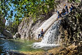 France, Corse du Sud, Bocognano, the canyon of the Richiusa, slide on a toboggan