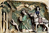Frankreich, Jura, Saint Lothain, Kirche aus dem 10. Jahrhundert, Hubertusjagd, polychromes Alabaster-Basrelief von 1516