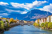 France, Isere, Grenoble, the banks of Isere river and Vercors massif in the background
