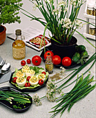 Allium tuberosum-Garlic chives with deviled eggs