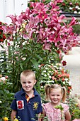 Kinder neben Baumlilien