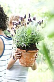 Junge hält Lavandula Stoechas