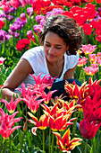 Woman in tulip field