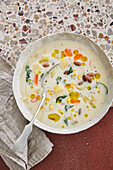 Creamy potato soup with borlotti beans, sweetcorn and pearl barley