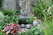 Wasserspiel im Garten mit Storchschnabel (Geranium), Froschlöffel (Alisma), Pfeilkraut, Purpurglöckchen (Heuchera), Farn im Steingarten