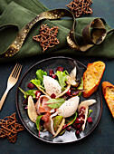 Cream cheese mousse with beetroot, salad and ham