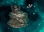 Spaceship arriving at mining asteroid, illustration