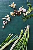 Various types of garlic and onions