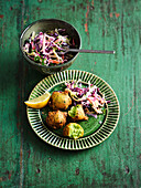 Pea falafel with coleslaw made from pointed cabbage, carrot and coriander