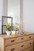 Spring decoration with hyacinths, glass bell jar and yellow candles on a wooden chest of drawers