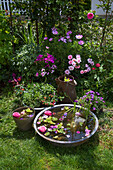 Blooming garden with mini pond and decorative planters