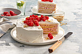Almond pancake cake with raspberries