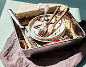 Used cake tin, plate and cutlery