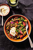 Lentil stew with courgette, spinach and red pepper