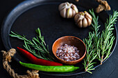 Spices and herbs on tray