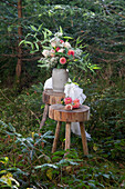 Bouquet of summer roses (cosmos) and gypsophila on wooden stool in the garden