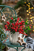 Strauss aus Roter Winterbeere (Ilex verticillata), Stechpalme 'Blue Maid' (Ilex meserveae) in Teekanne auf Gartenstuhl mit Weihnachtssternen