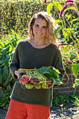 Woman holding basket with harvest chard &#39;Bright Lights&#39;, wax bean &#39;Neckargold&#39; and different kinds of tomatoes