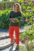 Woman holding basket with harvest chard &#39;Bright Lights&#39;, wax bean &#39;Neckargold&#39; and different varieties of tomatoes