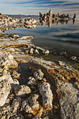 Tufa rock formations in Mono Lake in California.