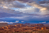 Last light on Monument Valley from Hunt's Mesa in the Monument Navajo Valley Tribal Park in Arizona.