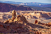 Erodierte Navajo-Sandsteinformationen in South Coyote Buttes, Vermilion Cliffs National Monument, Arizona. North Coyote Buttes liegt dahinter. Hier befindet sich die Wave