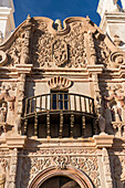 Detail of the facade and wooden balcony of the Mission San Xavier del Bac, Tucson Arizona.