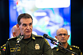 Colombia's Police Director General William Rene Salamanca is speaking during a press conference in Bogota, Colombia, on January 16, 2024, announcing the capture in Mexico and deportation to Colombia of Nelson Enrique Reatiga Bautista, also known as 'Poporro', who was captured for drug trafficking in Cancun Mexico.