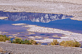A snow-capped mountain reflected in the Badwater Springs, Badwater Basin, Death Valley National Park, California.