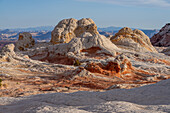 Erodierter weißer Pillow Rock oder Brain Rock Sandstein in der White Pocket Recreation Area, Vermilion Cliffs National Monument, Arizona. Sowohl der rote als auch der weiße Sandstein sind Navajo-Sandstein, aber der rote hat mehr Eisenoxidanteil