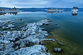 Tufa formations in Mono Lake in California in evening twilight.