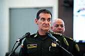 Colombia's Police Director General William Rene Salamanca is speaking during a press conference in Bogota, Colombia, on January 16, 2024, announcing the capture in Mexico and deportation to Colombia of Nelson Enrique Reatiga Bautista, also known as 'Poporro', who was captured for drug trafficking in Cancun Mexico.