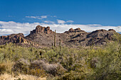 The Superstition Mountain range, viewed from the Lost Dutchman State Park, Apache Junction, Arizona.
