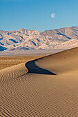 Setting moon over the Mesquite Flat sand dunes & Panamint Mountains in Death Valley National Park in the Mojave Desert, California.