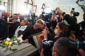 People take part during the wake of Colombian senator for the political alliance 'Pacto Historico' Piedad Cordoba at Colombian congress in Bogota, Colombia, January 22, 2024.