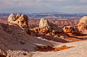 Eroded white pillow rock or brain rock sandstone in the White Pocket Recreation Area, Vermilion Cliffs National Monument, Arizona. Both the red and white are Navajo sandstone but the red has more iron oxide in it.