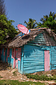 A small, traditional wooden slab house with a rpalm thatch roof and satellite dish in the rural Dominican Republic.