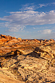 Eroded Aztec sandstone formations in Valley of Fire State Park in Nevada. The thin parallel fins are called compaction bands.