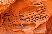 Tafoni or rock lace erosion patterns in the eroded Aztec sandstone of Valley of Fire State Park in Nevada.