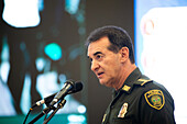 Colombia's Police Director General William Rene Salamanca is speaking during a press conference in Bogota, Colombia, on January 16, 2024, announcing the capture in Mexico and deportation to Colombia of Nelson Enrique Reatiga Bautista, also known as 'Poporro', who was captured for drug trafficking in Cancun Mexico.