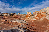 Eroded white pillow rock or brain rock sandstone in the White Pocket Recreation Area, Vermilion Cliffs National Monument, Arizona. Both the red and white are Navajo sandstone but the red has more iron oxide in it.