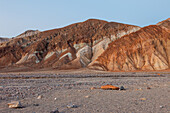 Colorful Furnace Creek Formations near the mouth of Golden Canyon in Death Valley National Park in the Mojave Desert, California.