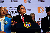 Colombian president Gustavo Petro speaks during a press conference, after a meeting with the United Nations Security Council regarding the advancements made on Colombia's 2016 peace process and the new ongoing process, in Bogota, Colombia February 8, 2024.