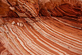 Eroded Navajo sandstone formations in the White Pocket Recreation Area, Vermilion Cliffs National Monument, Arizona. Small laterally displaced faults are evident in the stripes.