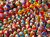 Wooden matryoshka dolls for sale in a street market in the Old Town of Vilnius, Lithuania. A UNESCO World Heritage Site.